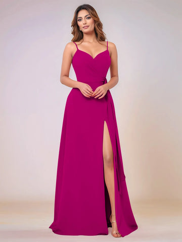 V-Neck Chiffon Drop Waist Bridesmaid Dress With Split