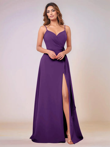 V-Neck Chiffon Drop Waist Bridesmaid Dress With Split