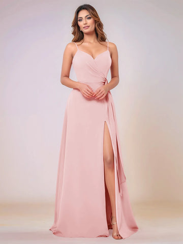 V-Neck Chiffon Drop Waist Bridesmaid Dress With Split