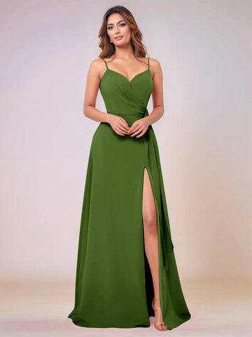 V-Neck Chiffon Drop Waist Bridesmaid Dress With Split
