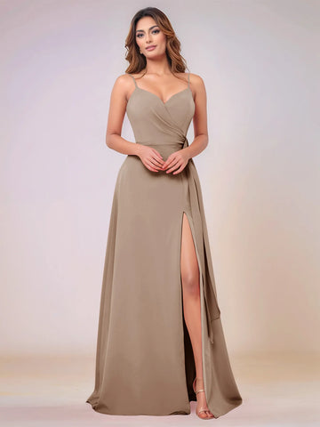 V-Neck Chiffon Drop Waist Bridesmaid Dress With Split