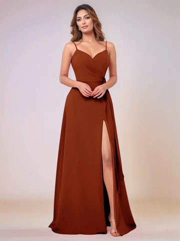 V-Neck Chiffon Drop Waist Bridesmaid Dress With Split