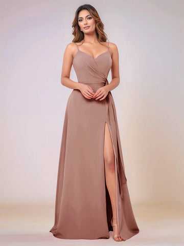 V-Neck Chiffon Drop Waist Bridesmaid Dress With Split