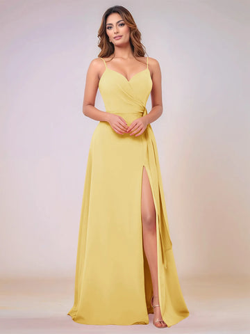 V-Neck Chiffon Drop Waist Bridesmaid Dress With Split