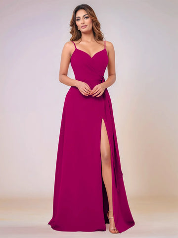 V-Neck Chiffon Drop Waist Bridesmaid Dress With Split