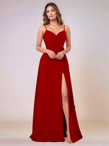 V-Neck Chiffon Drop Waist Bridesmaid Dress With Split