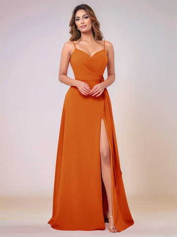 V-Neck Chiffon Drop Waist Bridesmaid Dress With Split