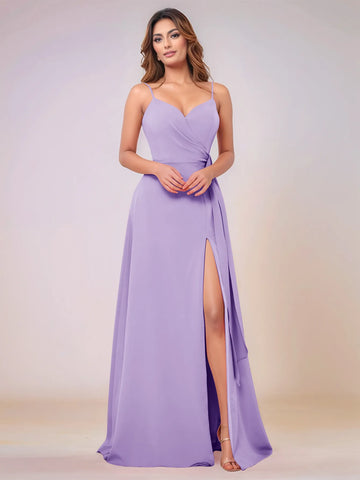 V-Neck Chiffon Drop Waist Bridesmaid Dress With Split