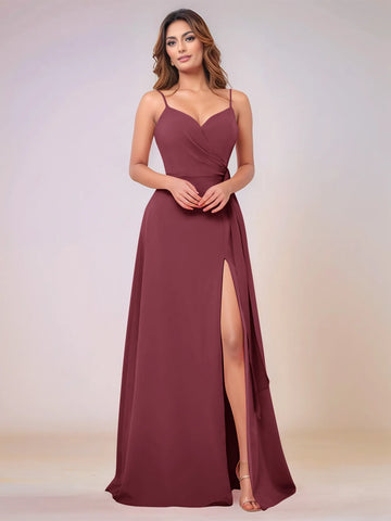 V-Neck Chiffon Drop Waist Bridesmaid Dress With Split