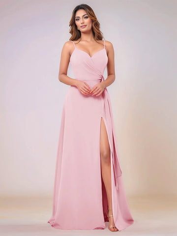 V-Neck Chiffon Drop Waist Bridesmaid Dress With Split