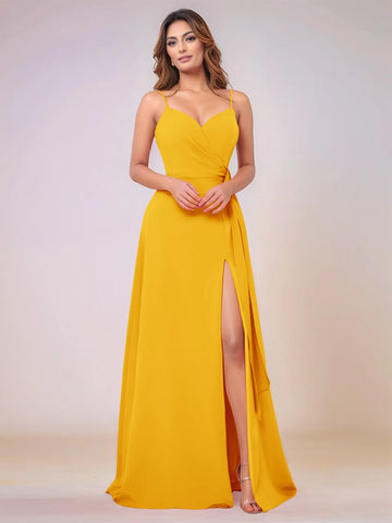 V-Neck Chiffon Drop Waist Bridesmaid Dress With Split