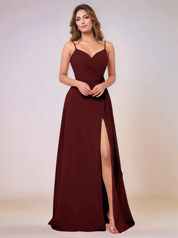V-Neck Chiffon Drop Waist Bridesmaid Dress With Split