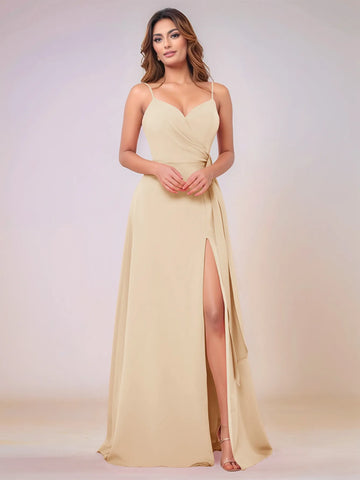 V-Neck Chiffon Drop Waist Bridesmaid Dress With Split