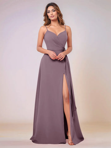 V-Neck Chiffon Drop Waist Bridesmaid Dress With Split