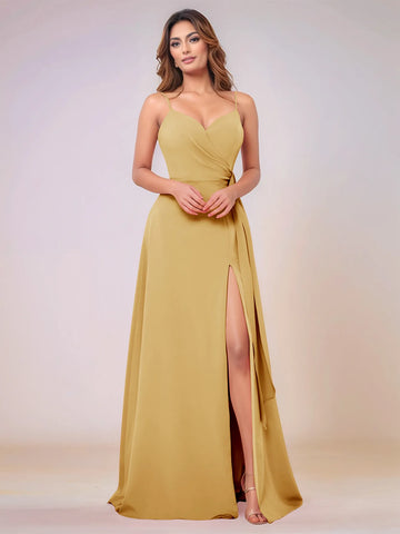 V-Neck Chiffon Drop Waist Bridesmaid Dress With Split