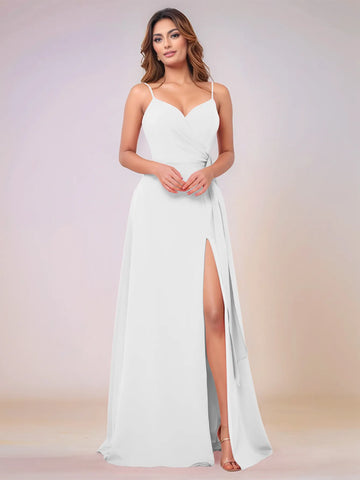 V-Neck Chiffon Drop Waist Bridesmaid Dress With Split