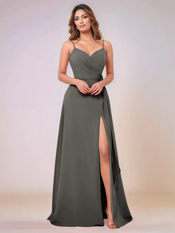 V-Neck Chiffon Drop Waist Bridesmaid Dress With Split