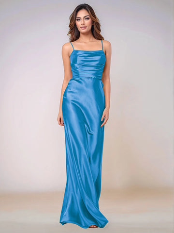 Square Spaghetti Strap Satin Sheath Bridesmaid Dress Zipper Back