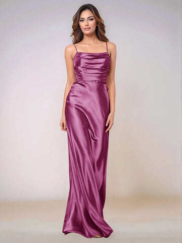 Square Spaghetti Strap Satin Sheath Bridesmaid Dress Zipper Back