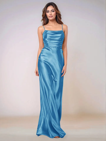 Square Spaghetti Strap Satin Sheath Bridesmaid Dress Zipper Back