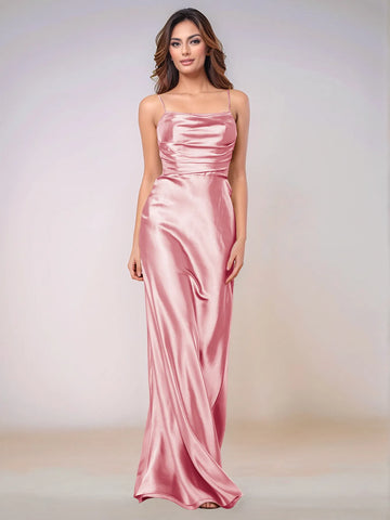 Square Spaghetti Strap Satin Sheath Bridesmaid Dress Zipper Back