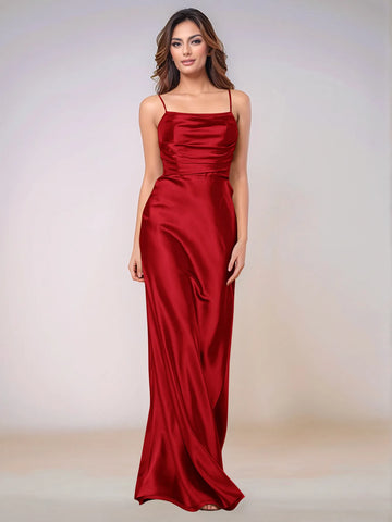 Square Spaghetti Strap Satin Sheath Bridesmaid Dress Zipper Back
