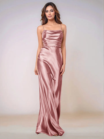 Square Spaghetti Strap Satin Sheath Bridesmaid Dress Zipper Back
