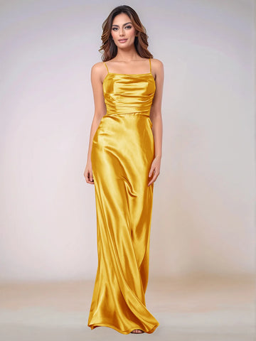 Square Spaghetti Strap Satin Sheath Bridesmaid Dress Zipper Back