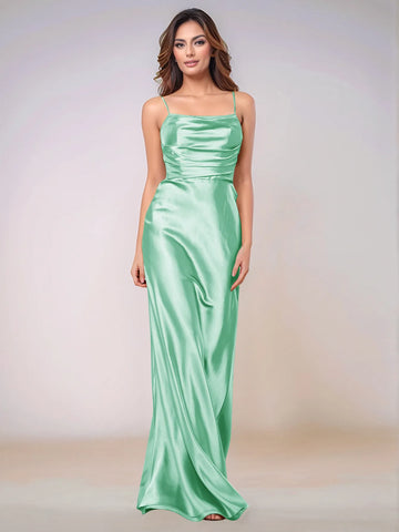 Square Spaghetti Strap Satin Sheath Bridesmaid Dress Zipper Back