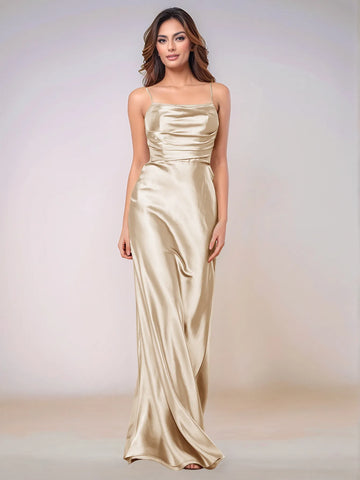 Square Spaghetti Strap Satin Sheath Bridesmaid Dress Zipper Back