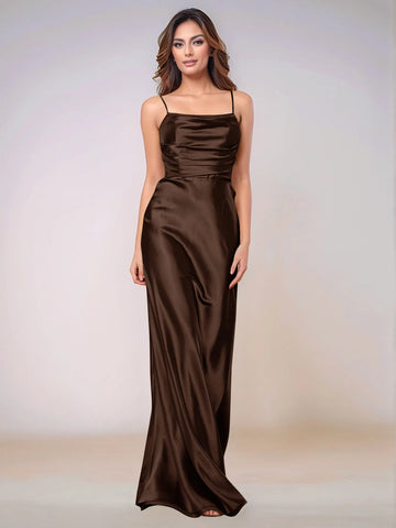 Square Spaghetti Strap Satin Sheath Bridesmaid Dress Zipper Back