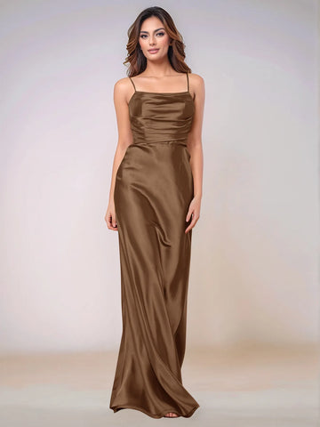 Square Spaghetti Strap Satin Sheath Bridesmaid Dress Zipper Back