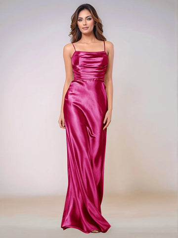Square Spaghetti Strap Satin Sheath Bridesmaid Dress Zipper Back