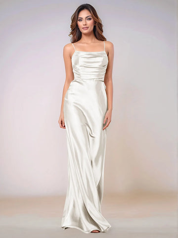 Square Spaghetti Strap Satin Sheath Bridesmaid Dress Zipper Back