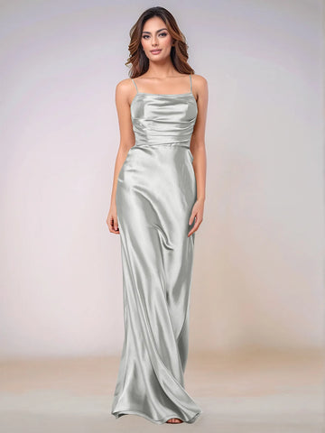 Square Spaghetti Strap Satin Sheath Bridesmaid Dress Zipper Back