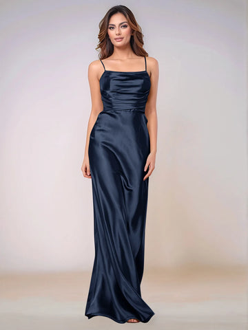 Square Spaghetti Strap Satin Sheath Bridesmaid Dress Zipper Back