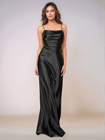 Square Spaghetti Strap Satin Sheath Bridesmaid Dress Zipper Back