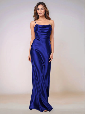 Square Spaghetti Strap Satin Sheath Bridesmaid Dress Zipper Back