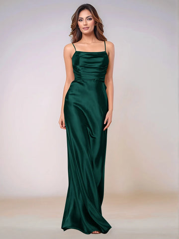 Square Spaghetti Strap Satin Sheath Bridesmaid Dress Zipper Back