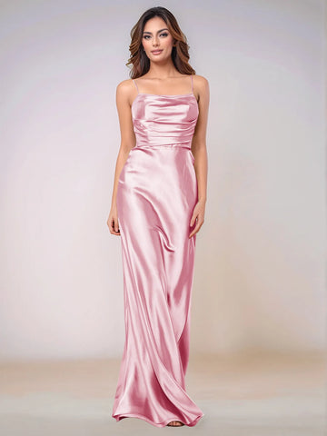 Square Spaghetti Strap Satin Sheath Bridesmaid Dress Zipper Back