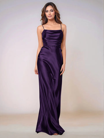 Square Spaghetti Strap Satin Sheath Bridesmaid Dress Zipper Back