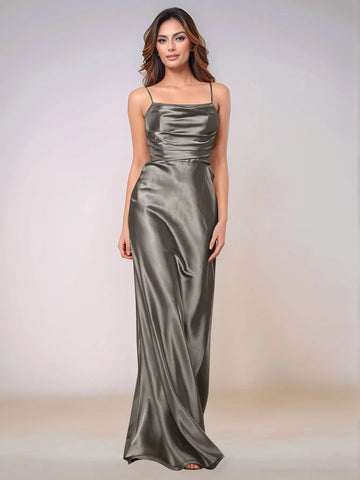 Square Spaghetti Strap Satin Sheath Bridesmaid Dress Zipper Back