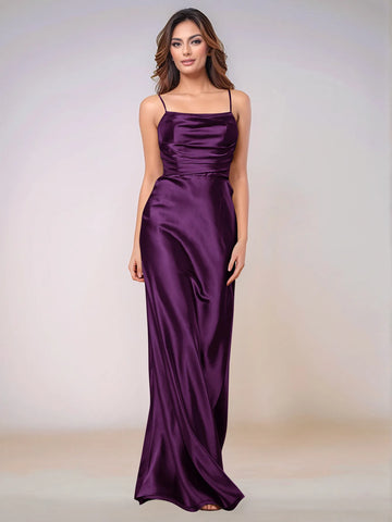 Square Spaghetti Strap Satin Sheath Bridesmaid Dress Zipper Back