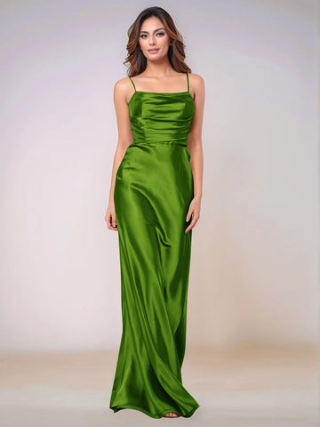 Square Spaghetti Strap Satin Sheath Bridesmaid Dress Zipper Back