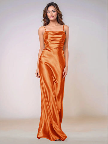 Square Spaghetti Strap Satin Sheath Bridesmaid Dress Zipper Back