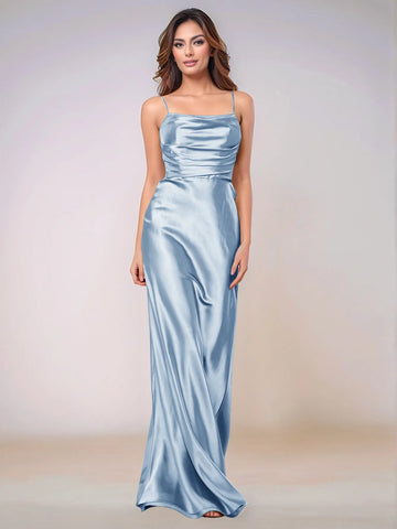 Square Spaghetti Strap Satin Sheath Bridesmaid Dress Zipper Back