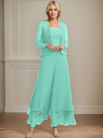 Separates Jumpsuit/Pantsuit Square Ankle-Length Lace Chiffon Mother of the Bride Dress With Sequins