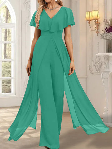 Jumpsuit/Hosenanzug V-Ausschnitt Bodenlanges Chiffon Abendkleid