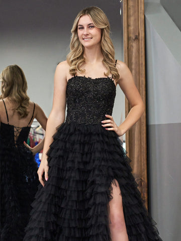 A-Line Tiered Sequins Tulle Long Prom Dress