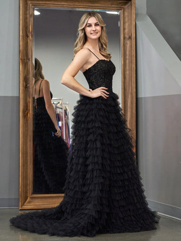 A-Line Tiered Sequins Tulle Long Prom Dress
